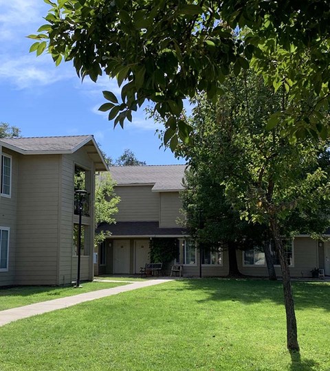 a building with a lawn and trees in front of it