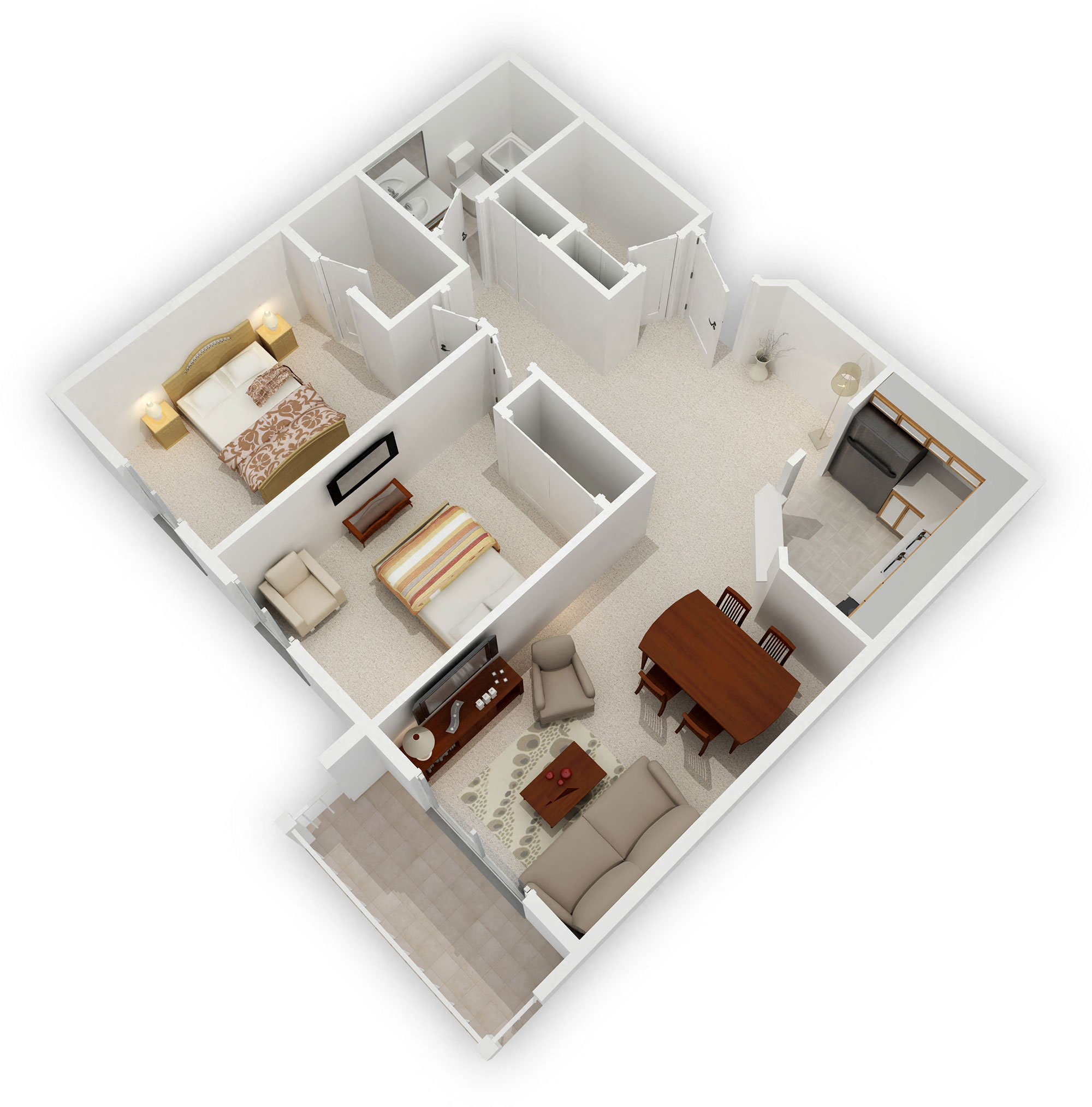 Minnetonka Hills - Two Bedroom Side-by-Side Apartment - Floor Plan (3D)