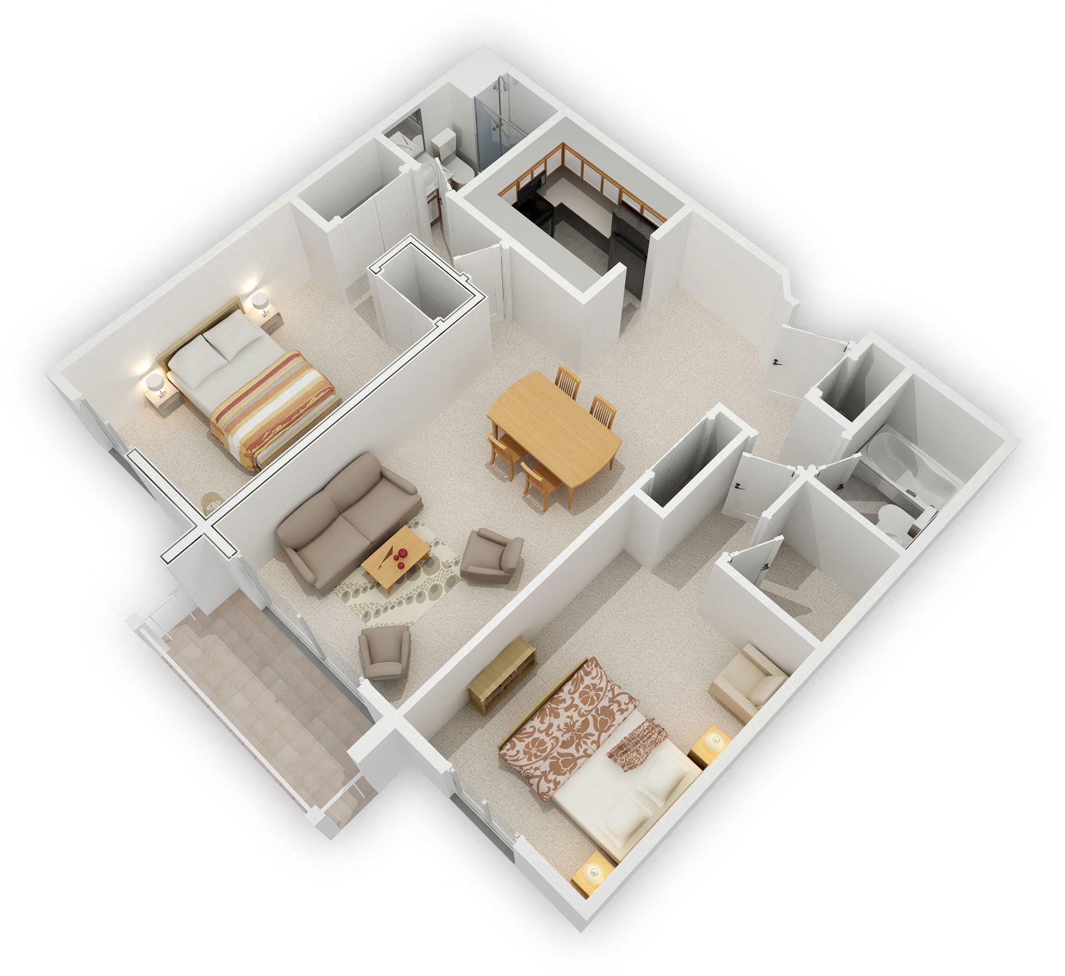 Minnetonka Hills - Two Bedroom Split Apartment - Floor Plan (3D)