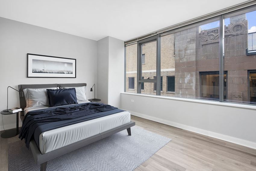 One bedroom apartment with queen size bed and a full wall of windows - Photo Gallery