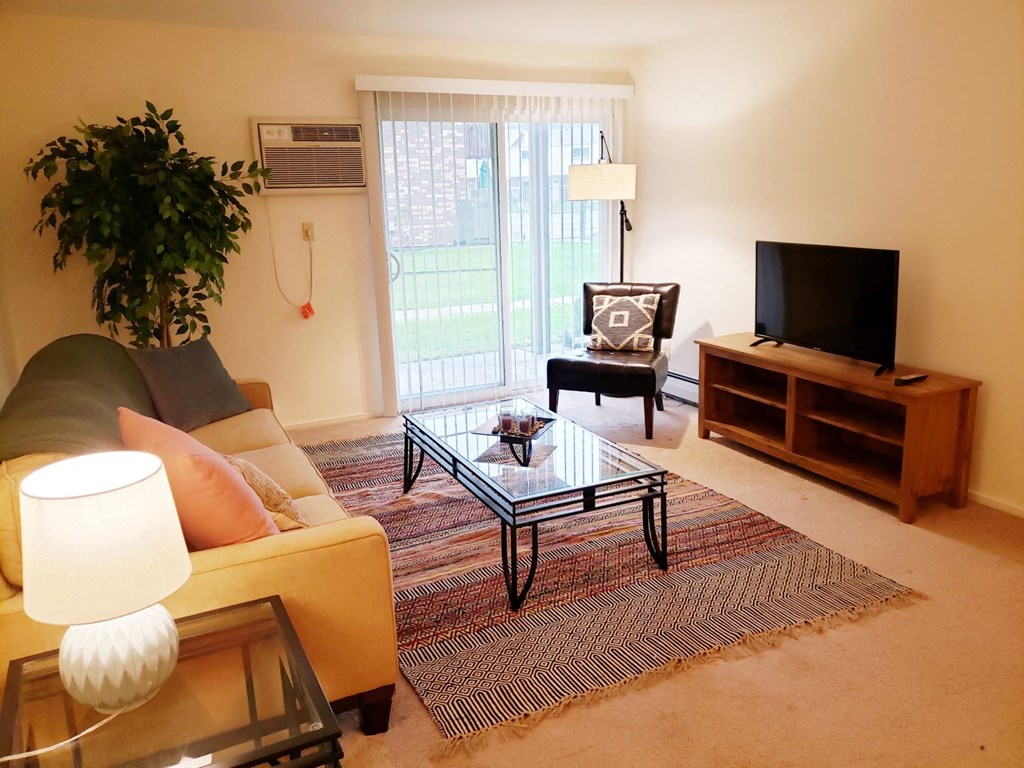 a living room with a couch and a table and a television