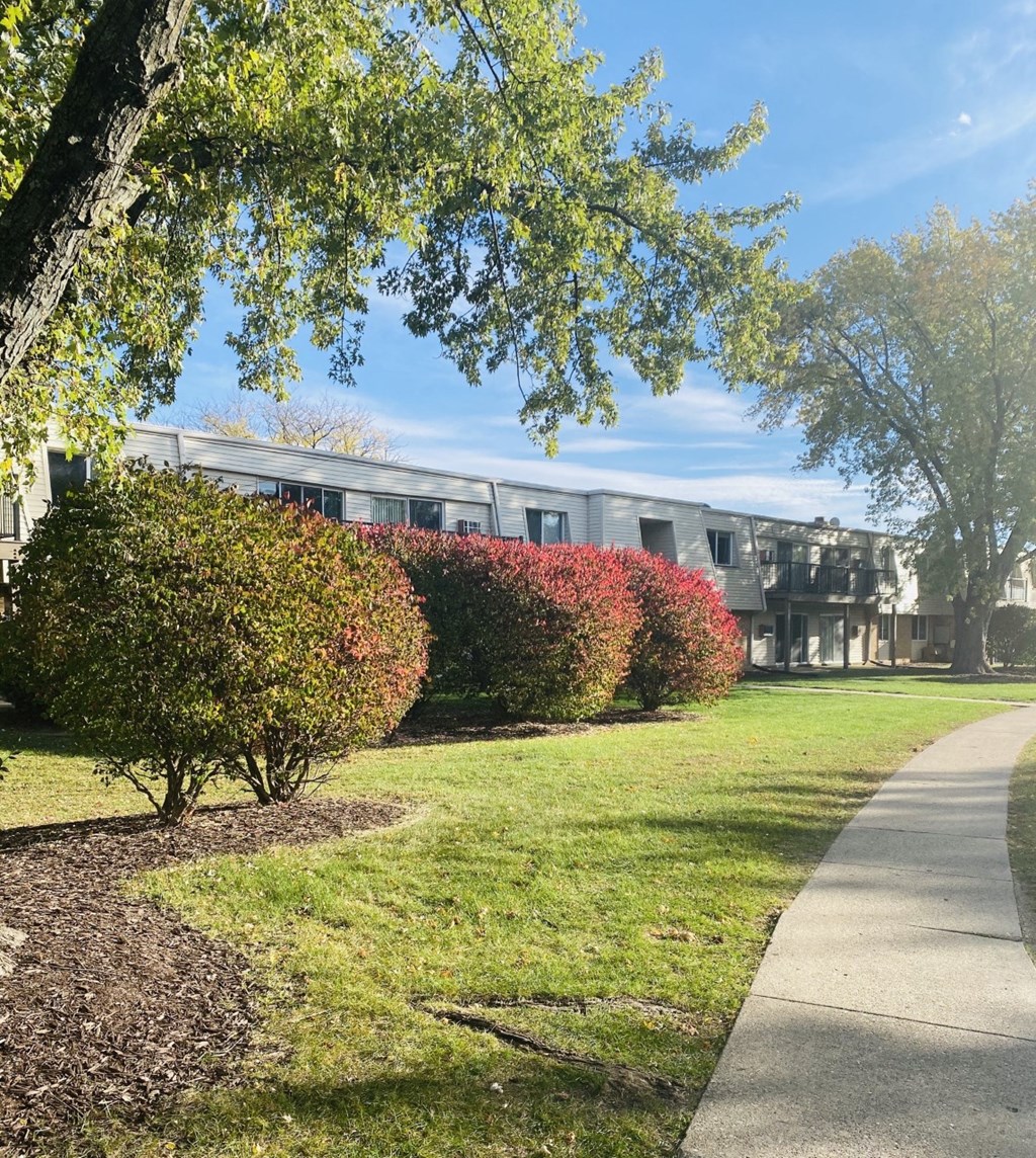 a sidewalk in front of a building with trees and bushes