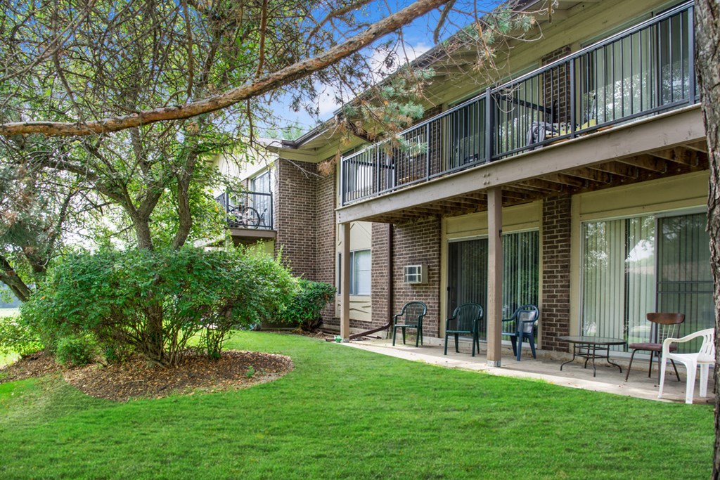 patio and yard of a house with chairs and a tree