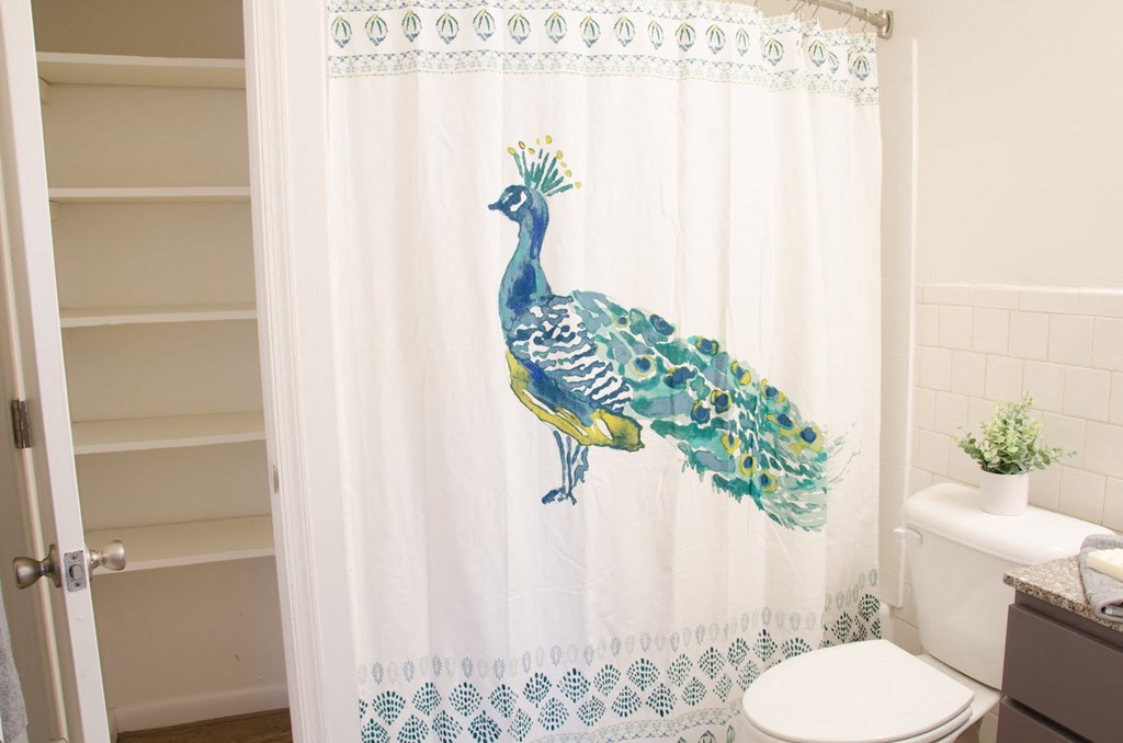 a bathroom with a shower curtain with a peacock on it