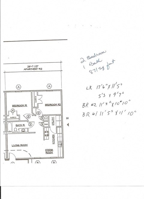 A drawing of an apartment floor plan is labeled "2 Bedroom 1 Bath".