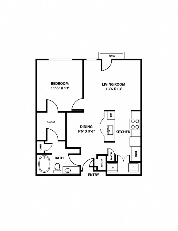 Travis Floorplan - 1 bed, 1 bath, ranging 771 square feet.