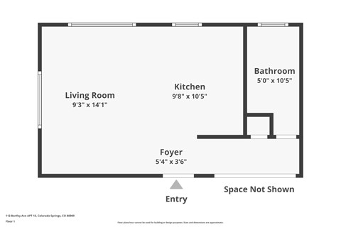 A floor plan of a one bedroom apartment with a living room, kitchen, bathroom and foyer.