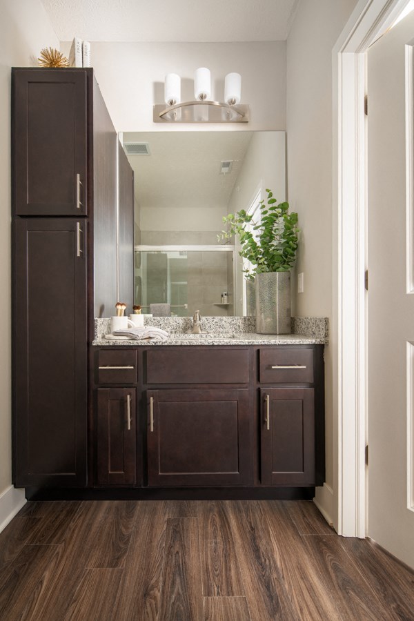 a bathroom with dark cabinets and a sink and a mirror