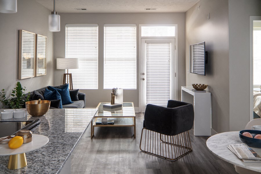 a living room with a couch and a table