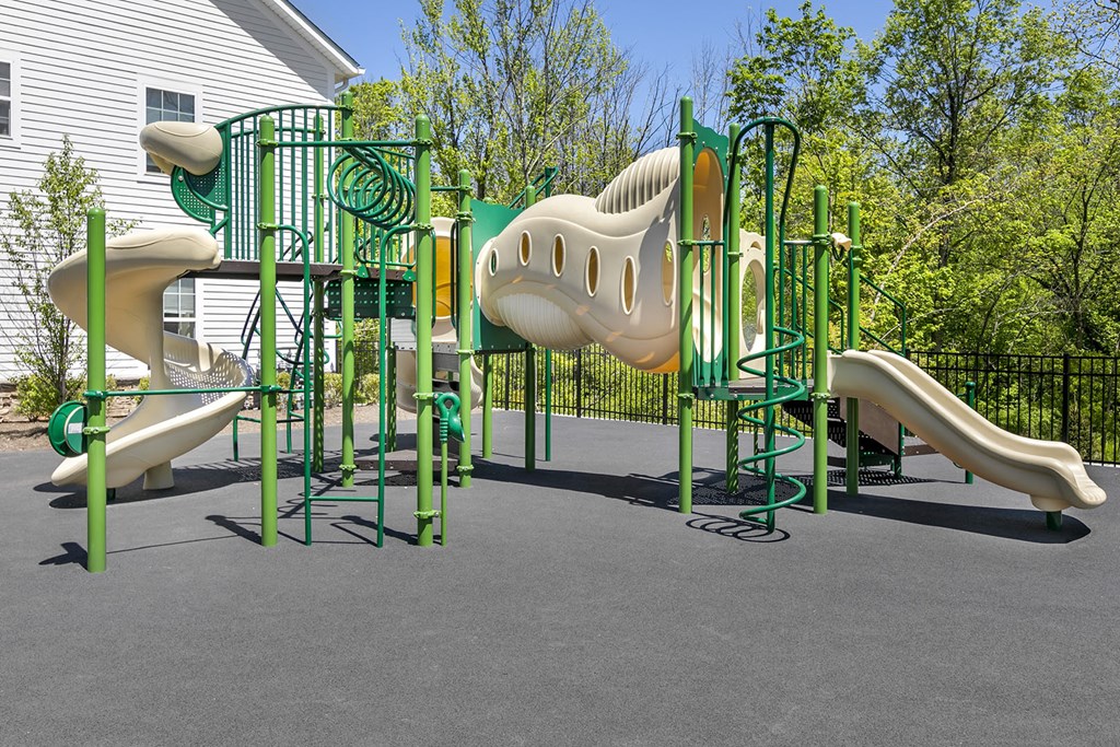 a playground with slides and climbing equipment in front of a house