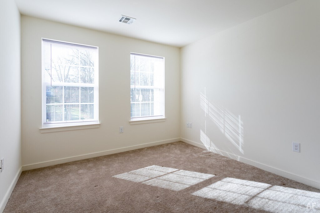a room with carpet and two windows