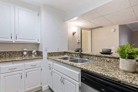 a kitchen with white cabinets and granite counter tops and a sink