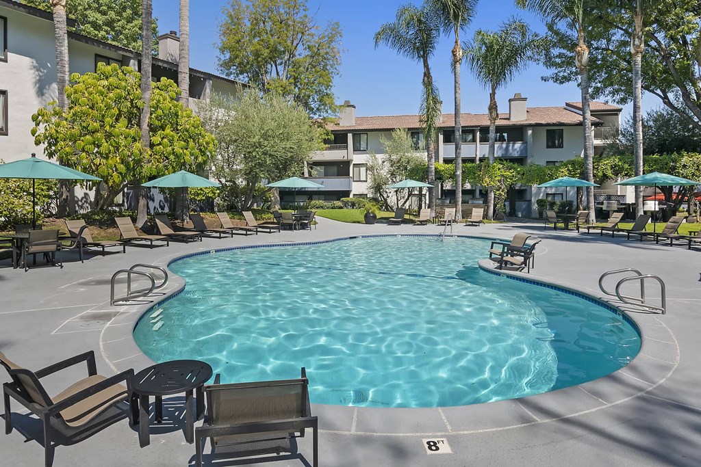 a large pool with chairs and umbrellas at the resort