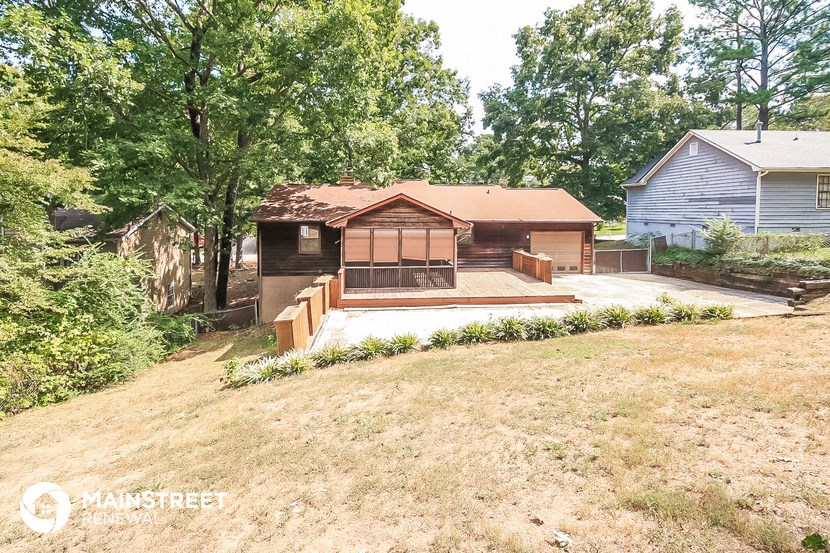 a backyard with a house and a yard with grass and trees