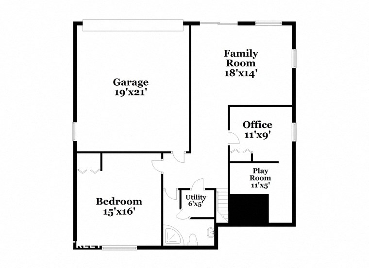 a floor plan of a house with a garage and a bedroom and an office