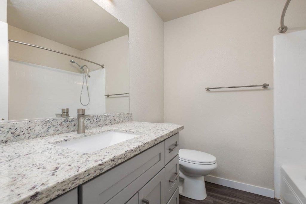 a bathroom with a sink toilet and a mirror