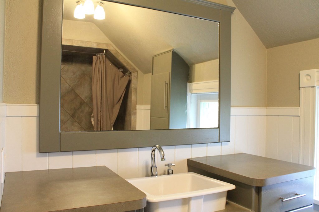 a bathroom with a sink and a large mirror