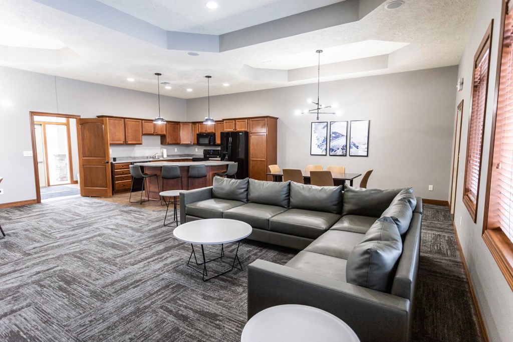 a living room with couches and a kitchen with a table and chairs