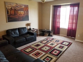 a living room with a couch and a rug