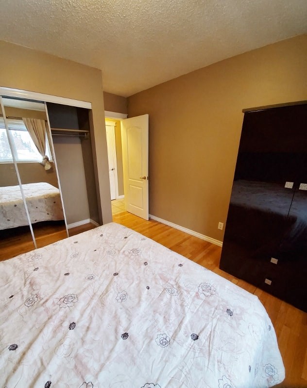 a bedroom with a large bed and a closet