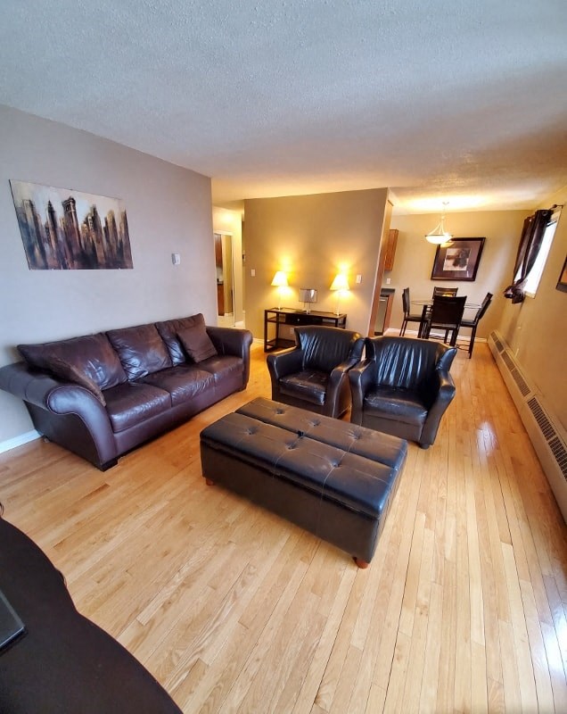 a living room with two leather couches and a table