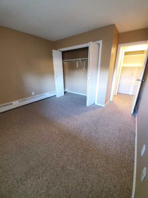 a bedroom with a carpeted floor and a closet