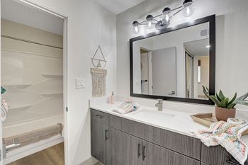 Bathroom With Vanity Lights at Namaste Apartments, Las Vegas, 89102