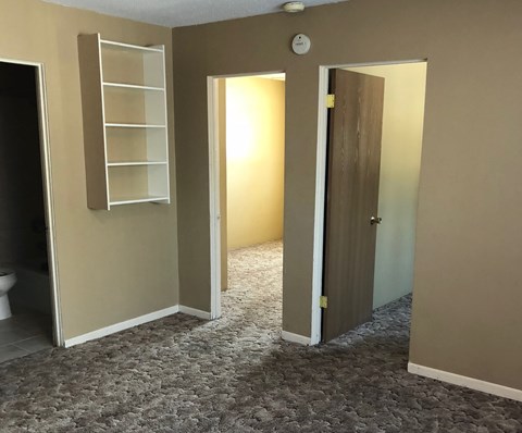 a room with three doors and a closet and a white shelf