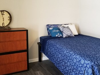 furnished bedroom with bed and side table