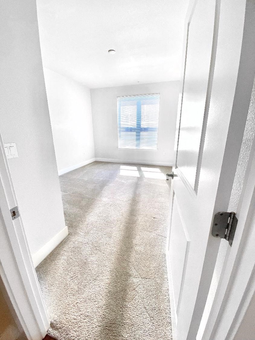 an empty room with a white carpet and a window