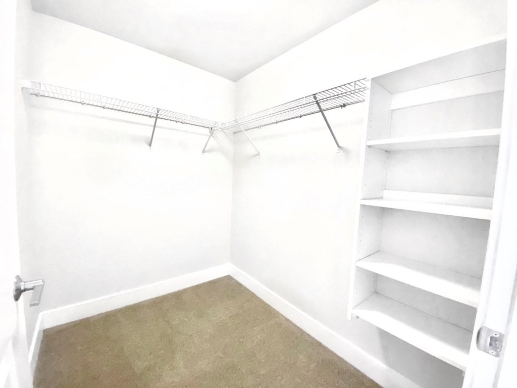 a walk in closet with empty shelves and a white wall
