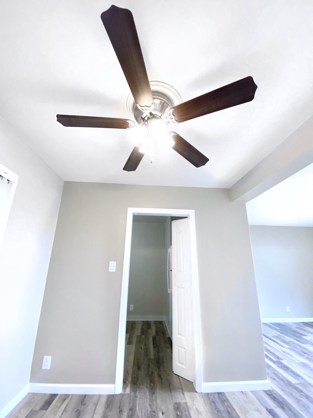 the living room with a ceiling fan and a door to the closet