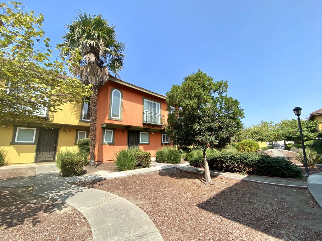 a yellow and with a palm tree in front of it