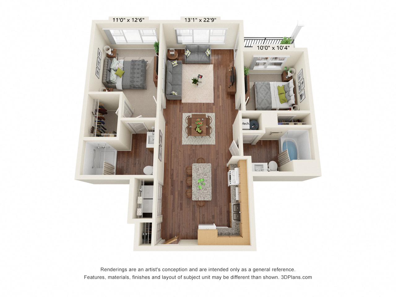 2 bed 2 bath floor plan at Covington Crossings 55+ Senior Living, Covington, 30014