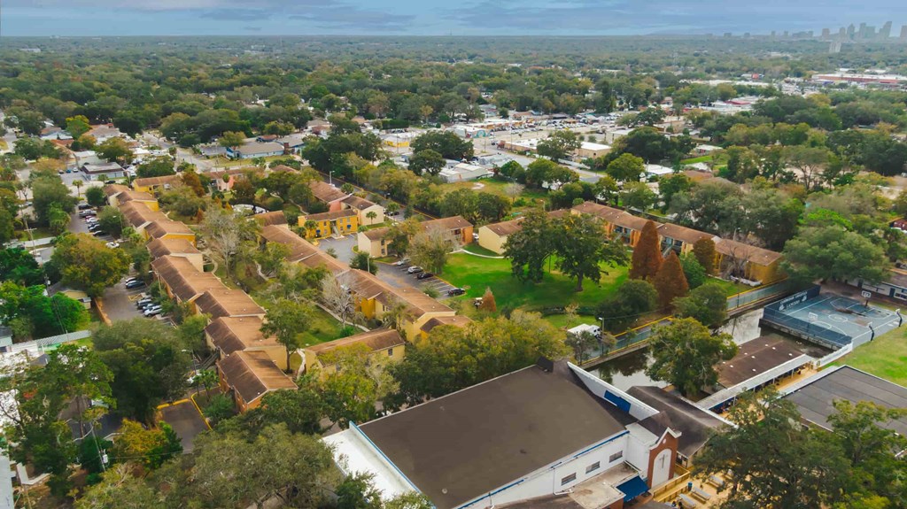 an aerial view of a neighborhood with houses and trees