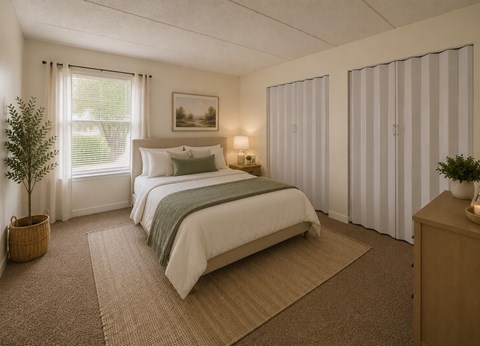 A bedroom with a large bed and a potted plant on the floor.