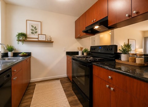 A modern kitchen with dark wood cabinets and black appliances.