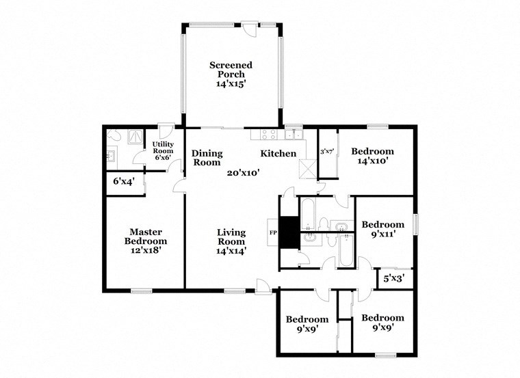a floor plan of a house with an open floor plan with bedrooms and a kitchen