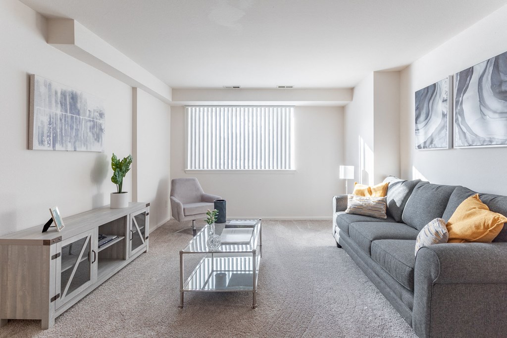 a living room with a gray couch and a coffee table