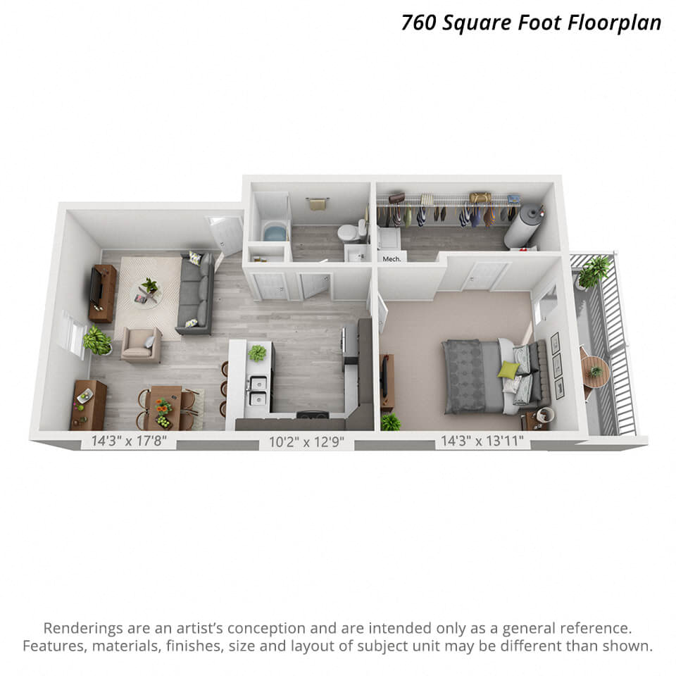 Artists 3D rendering of the 1 bedroom, 1 bathroom 2nd level unit layout.