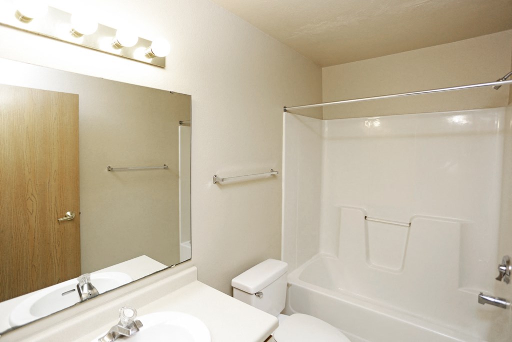 a bathroom with a sink toilet and shower and a mirror
