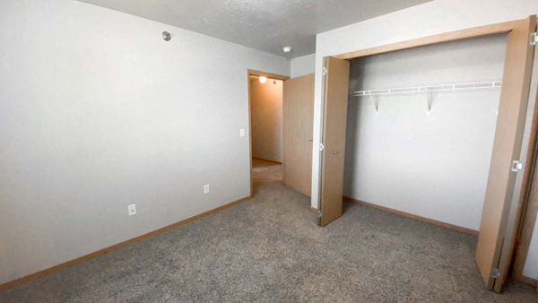 Guest bedroom at Amber Valley with open closet, carpet flooring, and view of the hallway