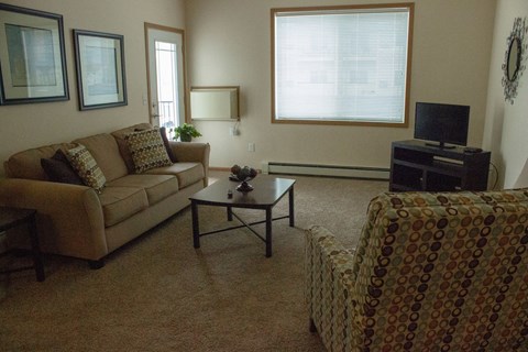 a living room with a couch and a chair and a television