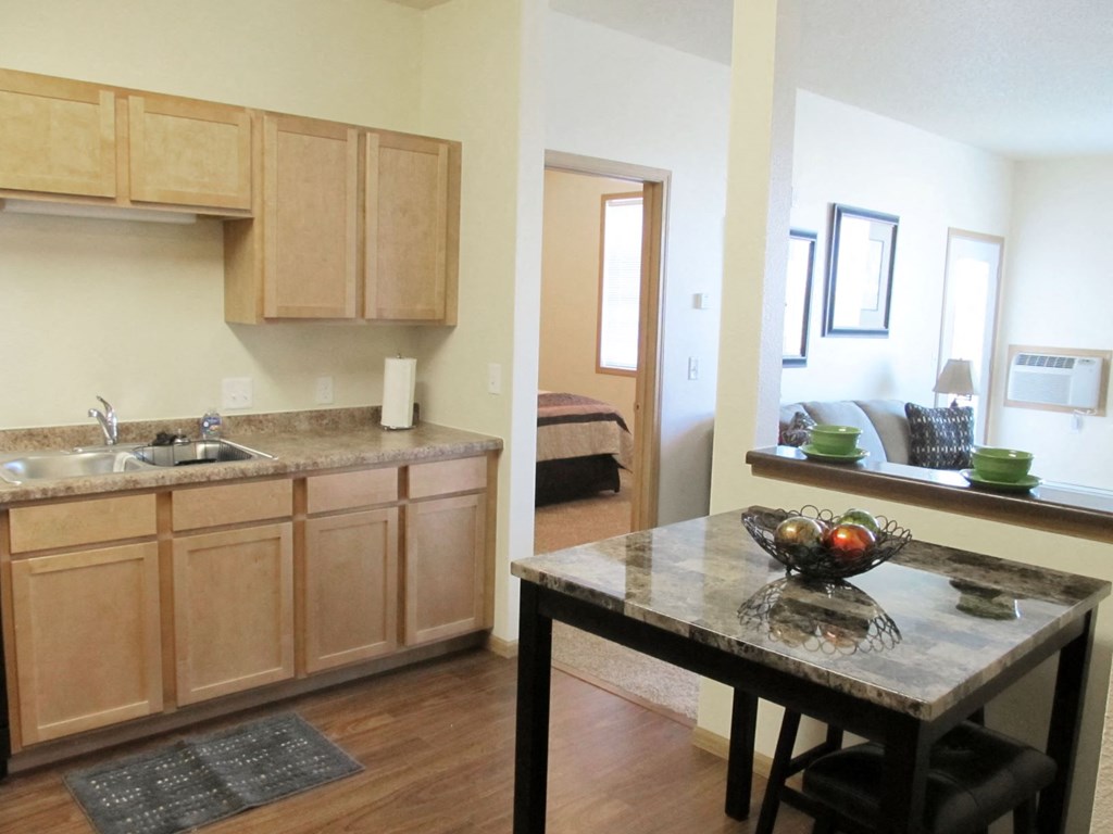 a kitchen and living room of an apartment