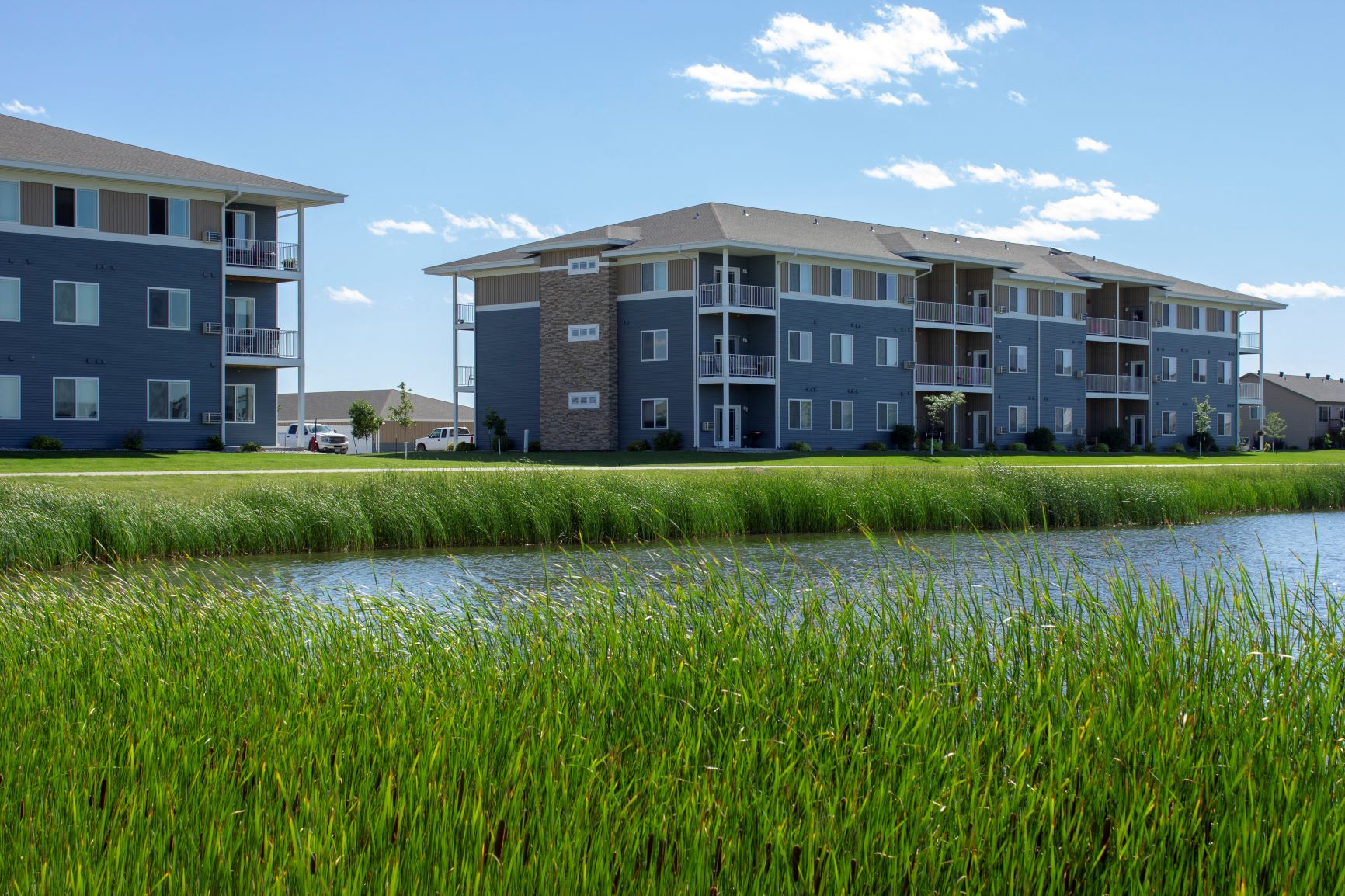 Exterior view of modern building of Brandtplace apartments in Fargo, North Dakota.