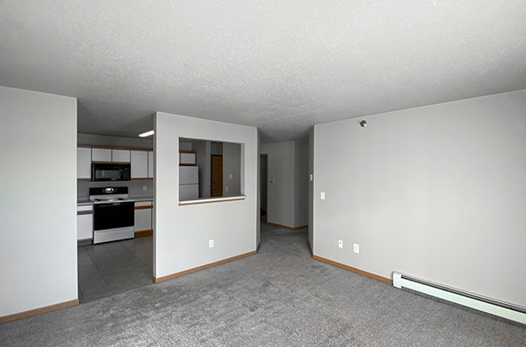 Living room view of kitchen in Osgood townsite, Fargo ND with heater and kitchen wall window