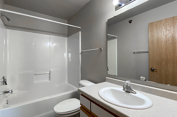 Modern bathroom with countertop, sink, mirror, and full shower in Osgood Townsite, Fargo ND