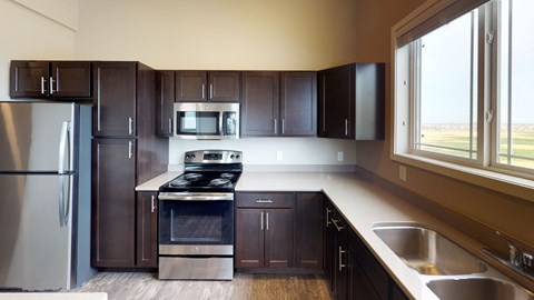 a kitchen with stainless steel appliances and dark wood cabinets