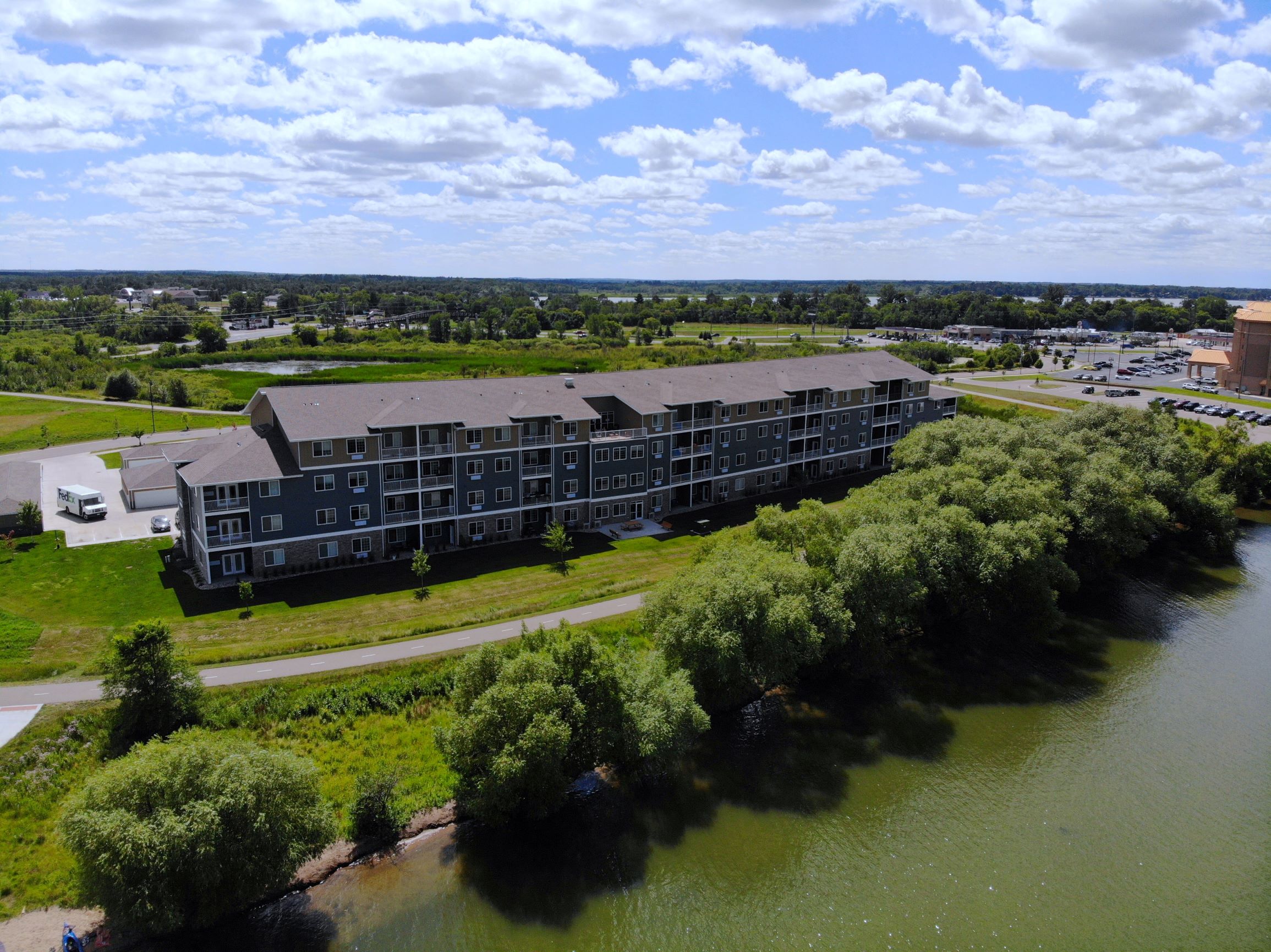 Aerial shot of the trees at South Beach apartments in Bemidji, Minnesota.