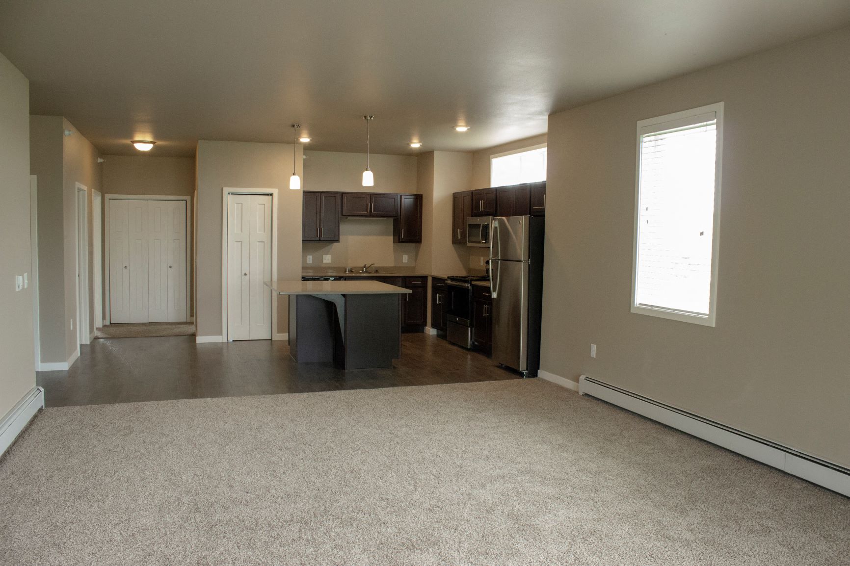 Living room and full kitchen of a South Beach apartment in Bemidji, Minnesota with hardwood floors and carpet, and storage.